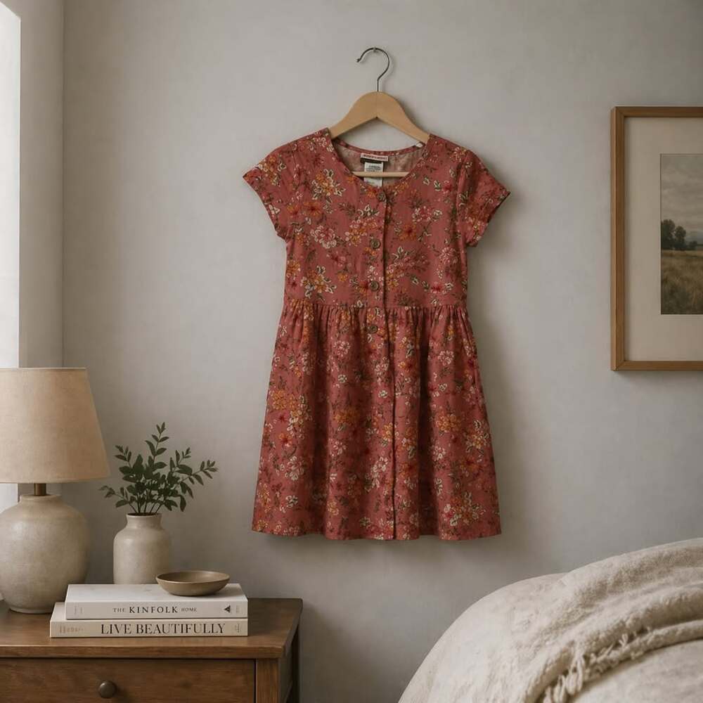 Little Lass Girls Floral Dress Size 5 Rust Boho Button Front Short Sleeve